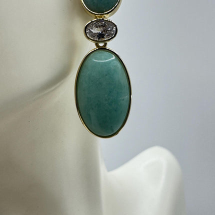 Vintage Green Amazonite Dangle Lucky Gold Sterling Silver Earrings