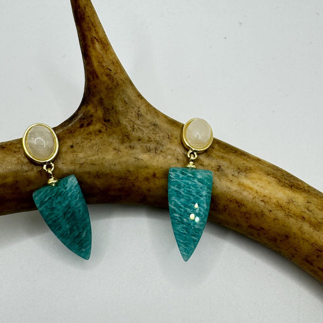 Vintage Green Amazonite Dangle Lucky Gold Sterling Silver Earrings