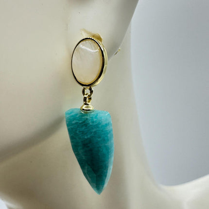 Vintage Green Amazonite Dangle Lucky Gold Sterling Silver Earrings