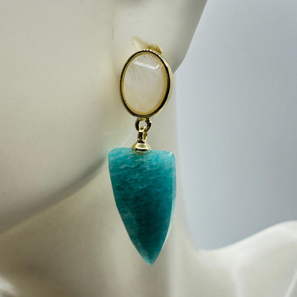 Vintage Green Amazonite Dangle Lucky Gold Sterling Silver Earrings