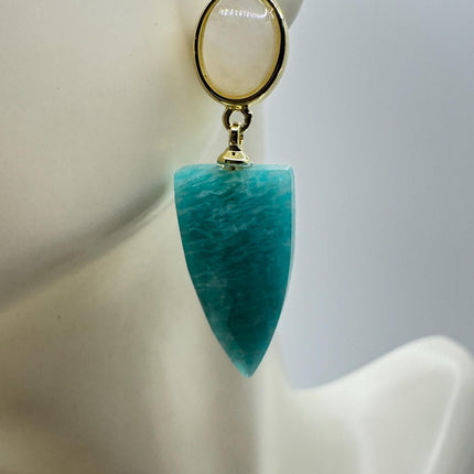 Vintage Green Amazonite Dangle Lucky Gold Sterling Silver Earrings