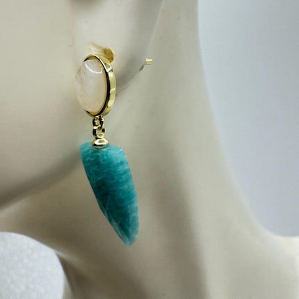 Vintage Green Amazonite Dangle Lucky Gold Sterling Silver Earrings