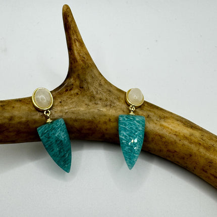 Vintage Green Amazonite Dangle Lucky Gold Sterling Silver Earrings