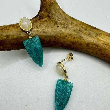 Vintage Green Amazonite Dangle Lucky Gold Sterling Silver Earrings