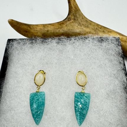 Vintage Green Amazonite Dangle Lucky Gold Sterling Silver Earrings