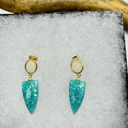 Vintage Green Amazonite Dangle Lucky Gold Sterling Silver Earrings