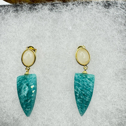 Vintage Green Amazonite Dangle Lucky Gold Sterling Silver Earrings