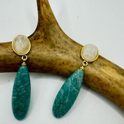 Vintage Green Amazonite Dangle Lucky Gold Sterling Silver Earrings
