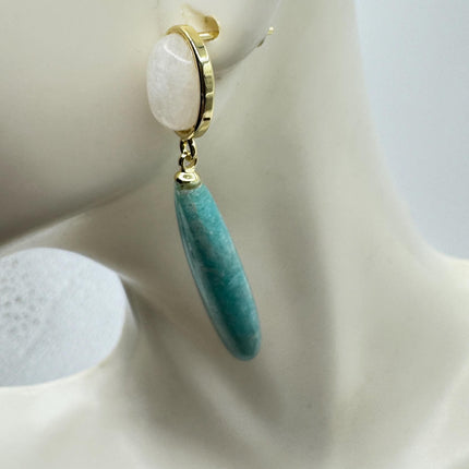Vintage Green Amazonite Dangle Lucky Gold Sterling Silver Earrings