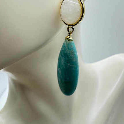 Vintage Green Amazonite Dangle Lucky Gold Sterling Silver Earrings