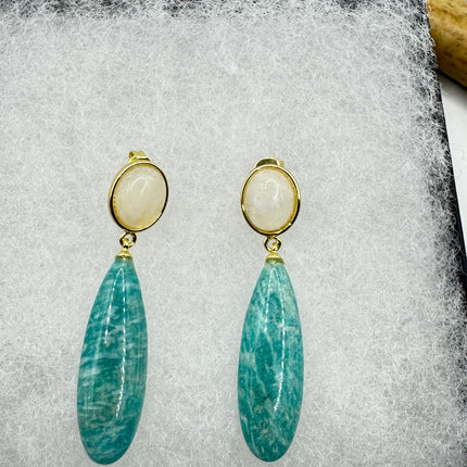 Vintage Green Amazonite Dangle Lucky Gold Sterling Silver Earrings
