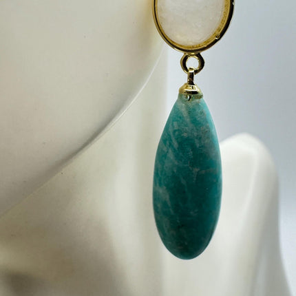 Vintage Green Amazonite Dangle Lucky Gold Sterling Silver Earrings