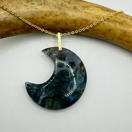 Vintage Gold Moon Pendant Necklace - Moss Agate, Multiple Chain Lengths