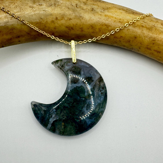 Vintage Gold Moon Pendant Necklace - Moss Agate, Multiple Chain Lengths