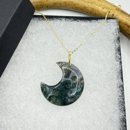 Vintage Gold Moon Pendant Necklace - Moss Agate, Multiple Chain Lengths
