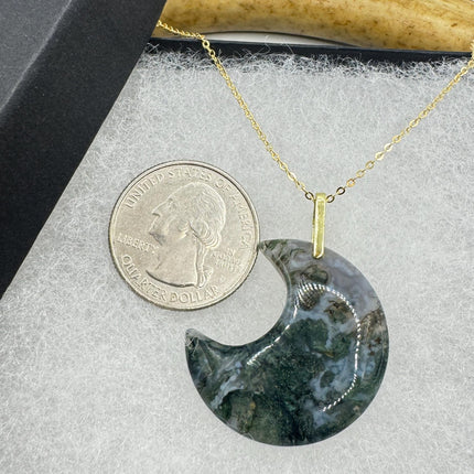 Vintage Gold Moon Pendant Necklace - Moss Agate, Multiple Chain Lengths