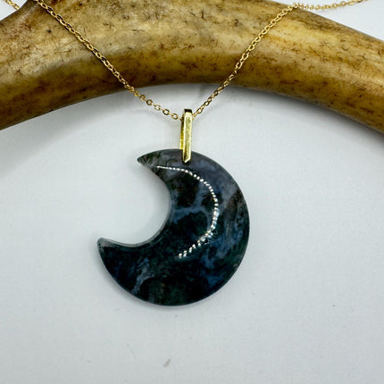 Vintage Gold Moon Pendant Necklace - Moss Agate, Multiple Chain Lengths