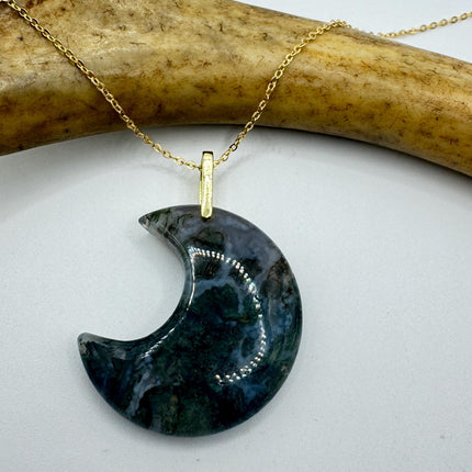 Vintage Gold Moon Pendant Necklace - Moss Agate, Multiple Chain Lengths