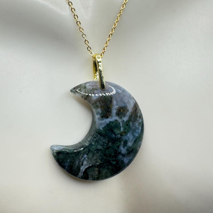 Vintage Gold Moon Pendant Necklace - Moss Agate, Multiple Chain Lengths