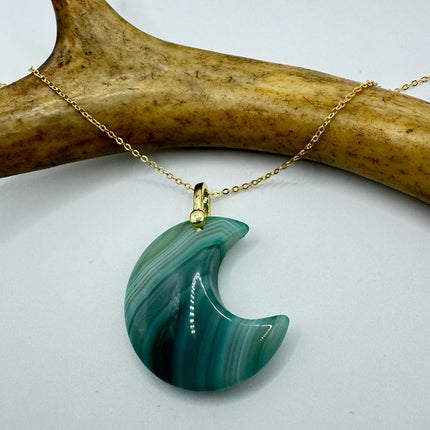 Vintage Gold Moon Pendant Necklace -Green Agate, Multiple Chain Lengths