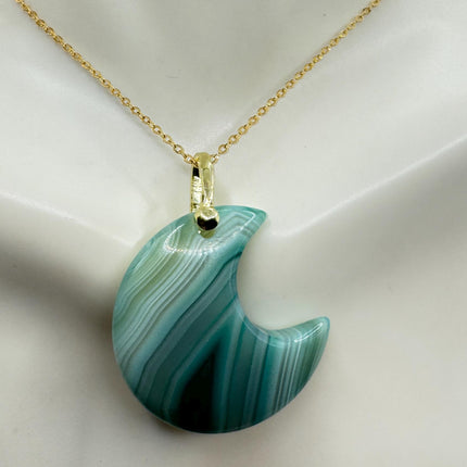 Vintage Gold Moon Pendant Necklace -Green Agate, Multiple Chain Lengths