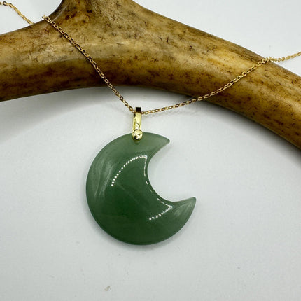 Vintage Gold Moon Pendant Necklace -Green Nephrite Jade, Multiple Chain Lengths