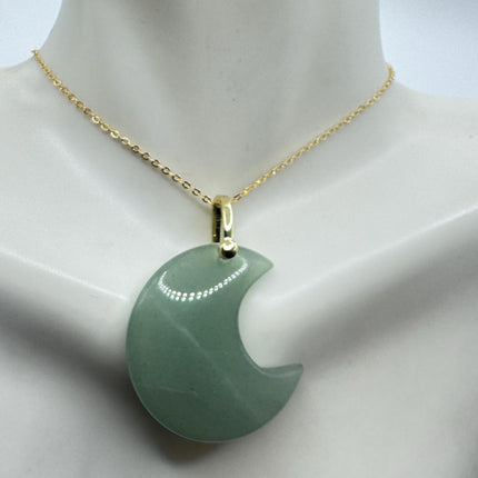 Vintage Gold Moon Pendant Necklace -Green Nephrite Jade, Multiple Chain Lengths