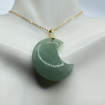 Vintage Gold Moon Pendant Necklace -Green Nephrite Jade, Multiple Chain Lengths
