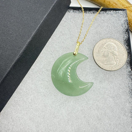 Vintage Gold Moon Pendant Necklace -Green Nephrite Jade, Multiple Chain Lengths