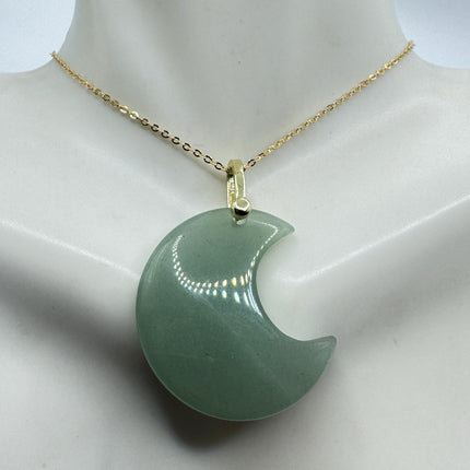 Vintage Gold Moon Pendant Necklace -Green Nephrite Jade, Multiple Chain Lengths