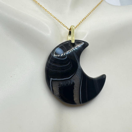Vintage Gold Moon Pendant Necklace -Black Agate, Multiple Chain Lengths