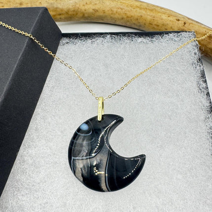 Vintage Gold Moon Pendant Necklace -Black Agate, Multiple Chain Lengths