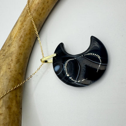 Vintage Gold Moon Pendant Necklace -Black Agate, Multiple Chain Lengths