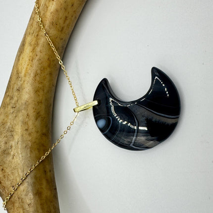Vintage Gold Moon Pendant Necklace -Black Agate, Multiple Chain Lengths