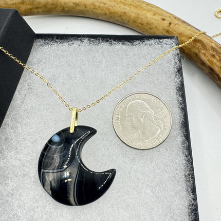 Vintage Gold Moon Pendant Necklace -Black Agate, Multiple Chain Lengths