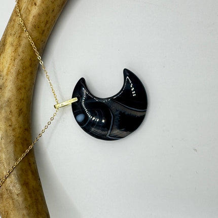 Vintage Gold Moon Pendant Necklace -Black Agate, Multiple Chain Lengths