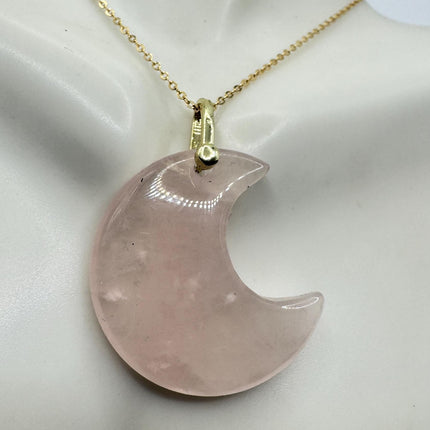 Vintage Gold Moon Pendant Necklace Pink Rose quartz Multiple Chain Lengths