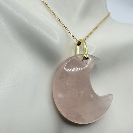 Vintage Gold Moon Pendant Necklace Pink Rose quartz Multiple Chain Lengths