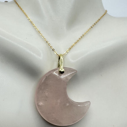 Vintage Gold Moon Pendant Necklace Pink Rose quartz Multiple Chain Lengths