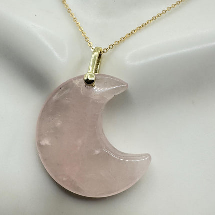 Vintage Gold Moon Pendant Necklace Pink Rose quartz Multiple Chain Lengths