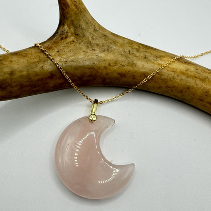 Vintage Gold Moon Pendant Necklace Pink Rose quartz Multiple Chain Lengths