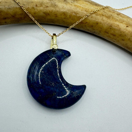 Vintage Gold Moon Pendant Necklace Blue Lapis Lazuli Multiple Chain Lengths