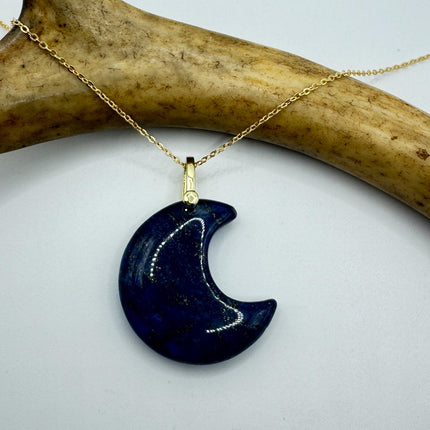 Vintage Gold Moon Pendant Necklace Blue Lapis Lazuli Multiple Chain Lengths