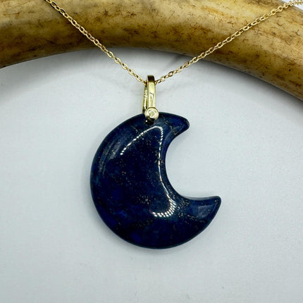 Vintage Gold Moon Pendant Necklace Blue Lapis Lazuli Multiple Chain Lengths