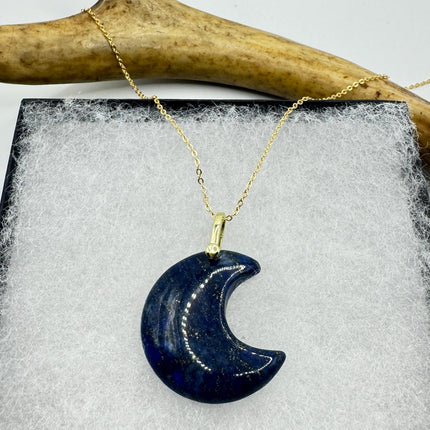 Vintage Gold Moon Pendant Necklace Blue Lapis Lazuli Multiple Chain Lengths