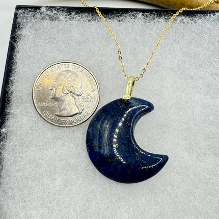 Vintage Gold Moon Pendant Necklace Blue Lapis Lazuli Multiple Chain Lengths