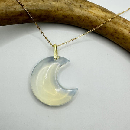 Vintage Gold Moon Pendant Necklace Blue White Opal Glass Multiple Chain Lengths