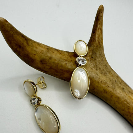 Vintage White Mother of Pearl Silver Drop Earrings Golden 925 Sterling Silver