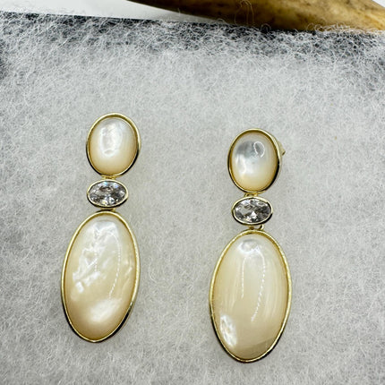 Vintage White Mother of Pearl Silver Drop Earrings Golden 925 Sterling Silver