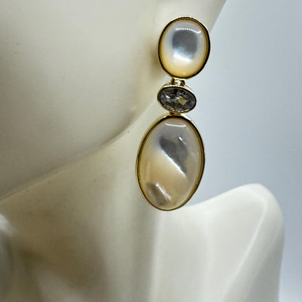 Vintage White Mother of Pearl Silver Drop Earrings Golden 925 Sterling Silver
